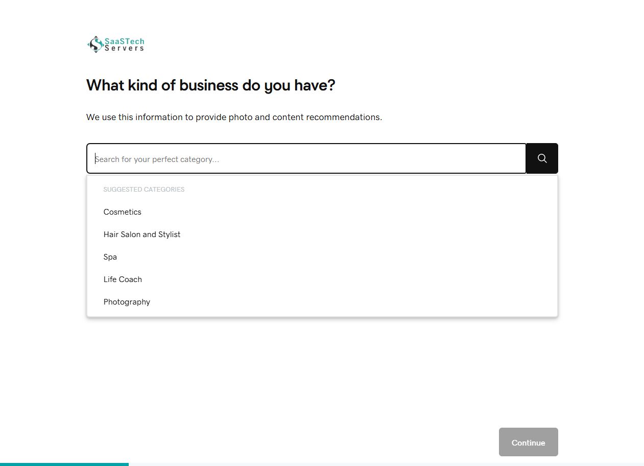 Website Builder asking for a business category