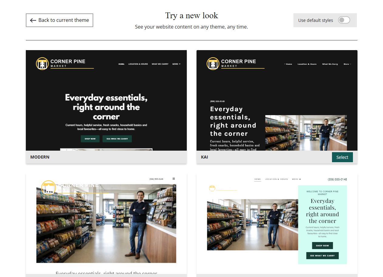 Website Builder selected-colour theme previews for Corner Pine Market, group 1