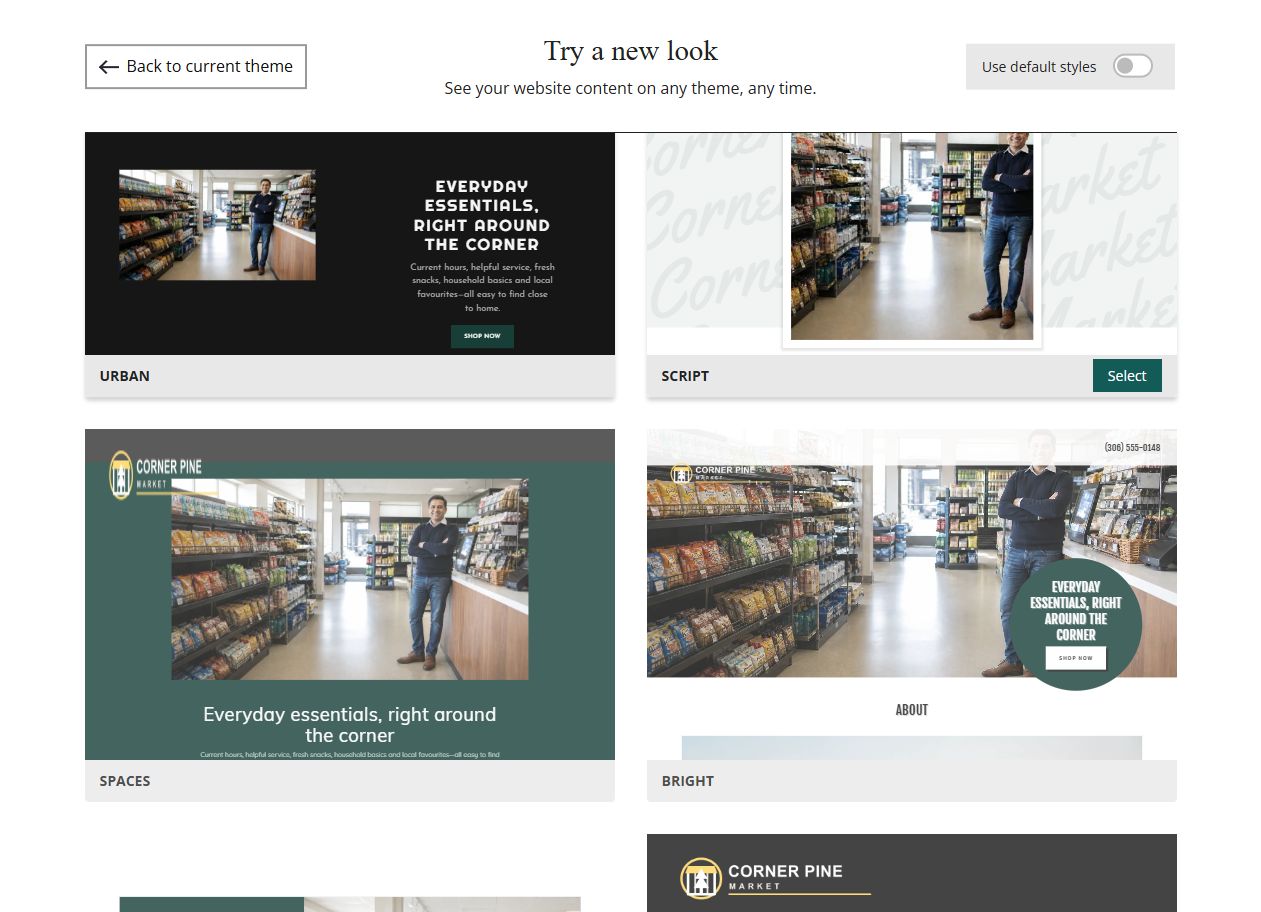 Website Builder selected-colour theme previews for Corner Pine Market, group 3