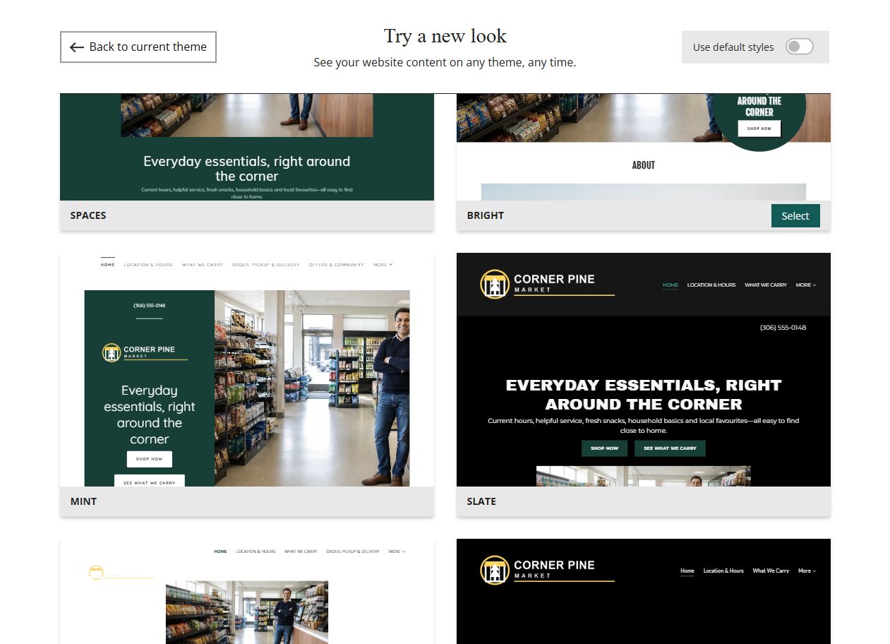 Website Builder selected-colour theme previews for Corner Pine Market, group 4