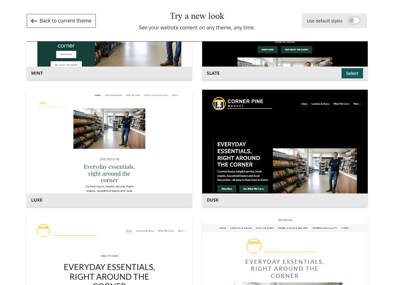 Website Builder selected-colour theme previews for Corner Pine Market, group 5
