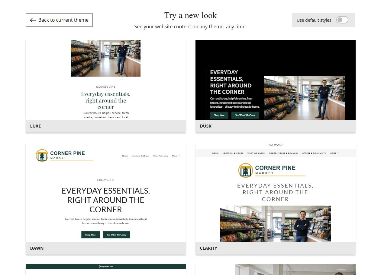 Website Builder selected-colour theme previews for Corner Pine Market, group 6