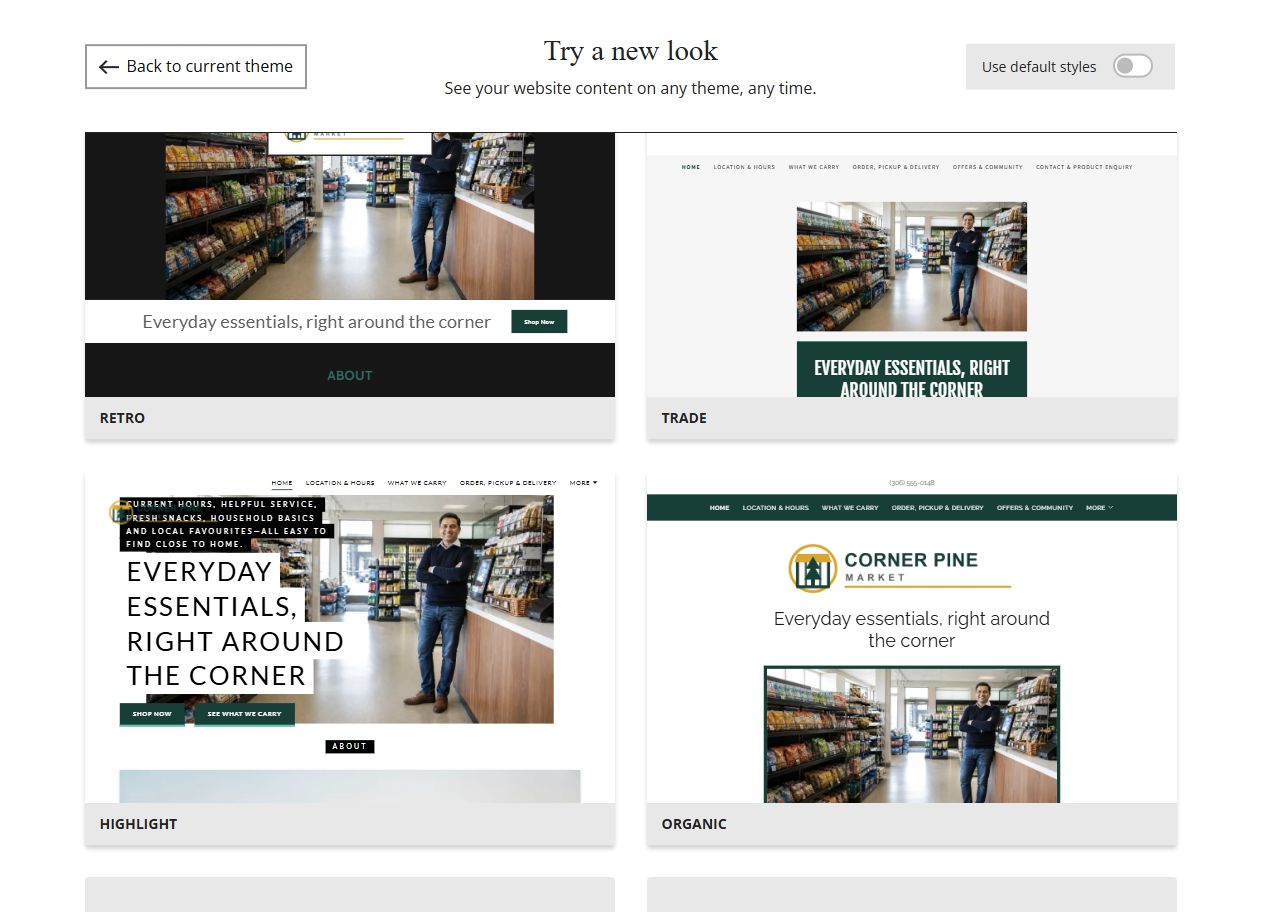 Website Builder selected-colour theme previews for Corner Pine Market, group 8