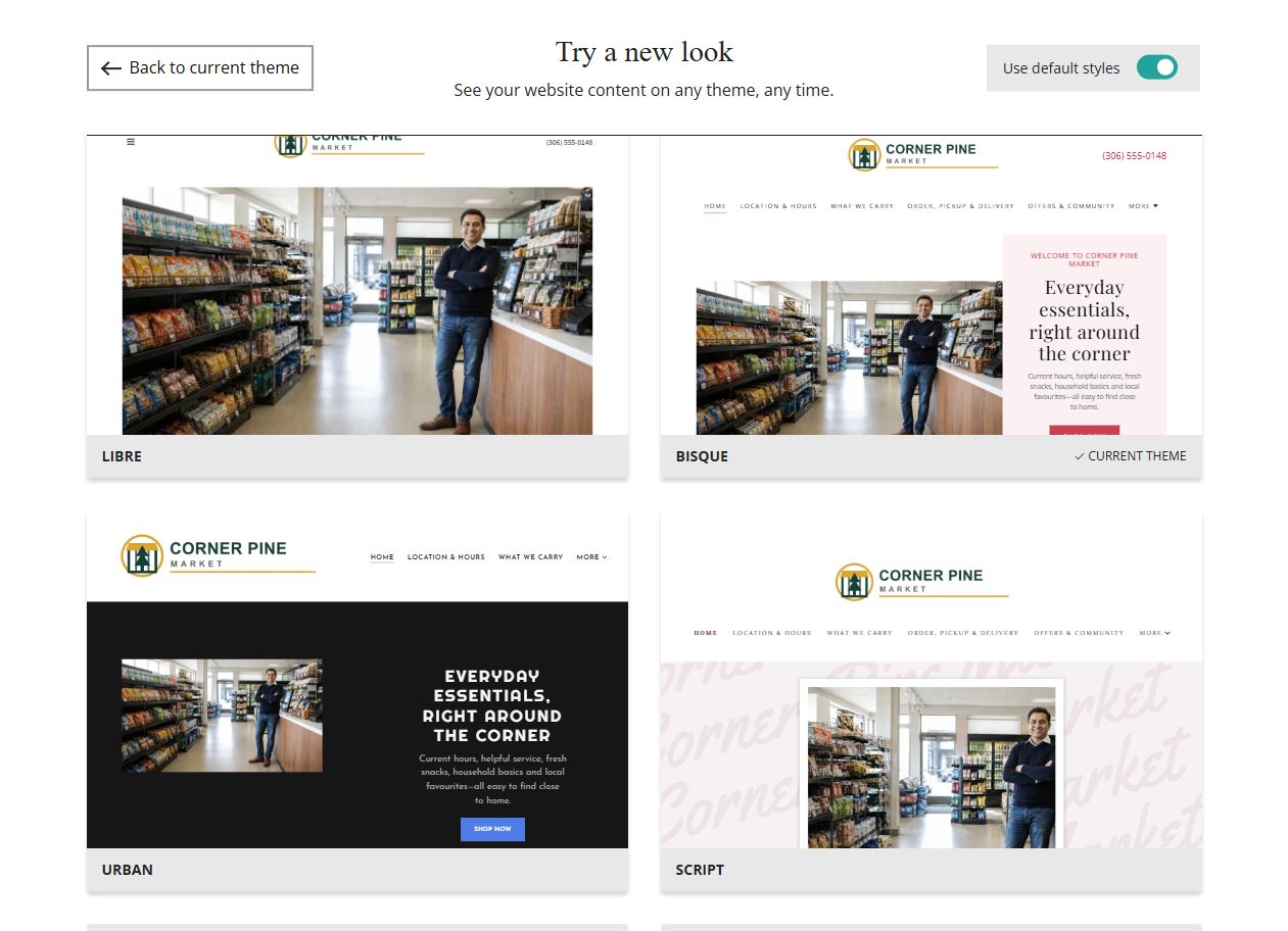 Website Builder default-style theme previews for Corner Pine Market, group 2