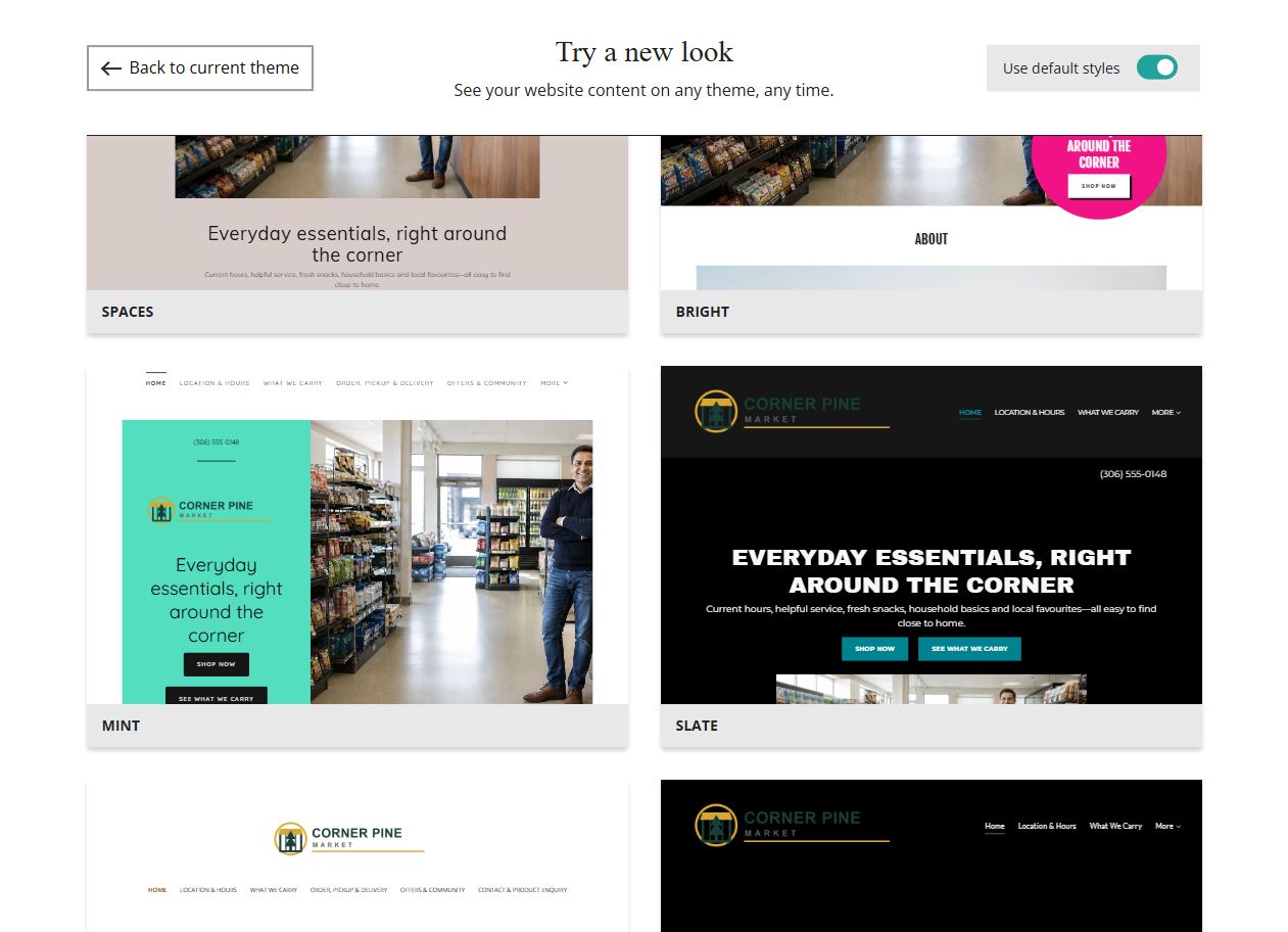 Website Builder default-style theme previews for Corner Pine Market, group 4