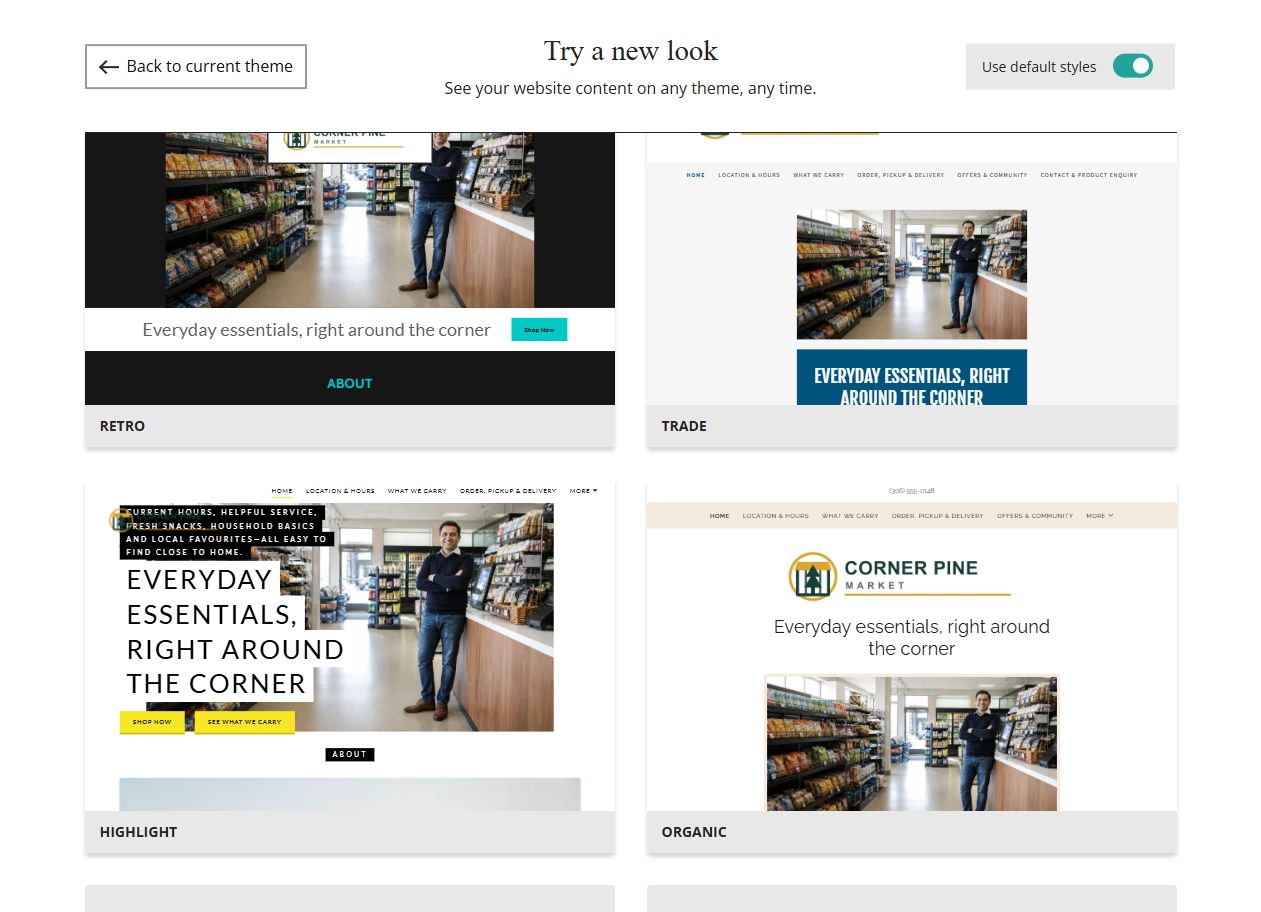 Website Builder default-style theme previews for Corner Pine Market, group 8