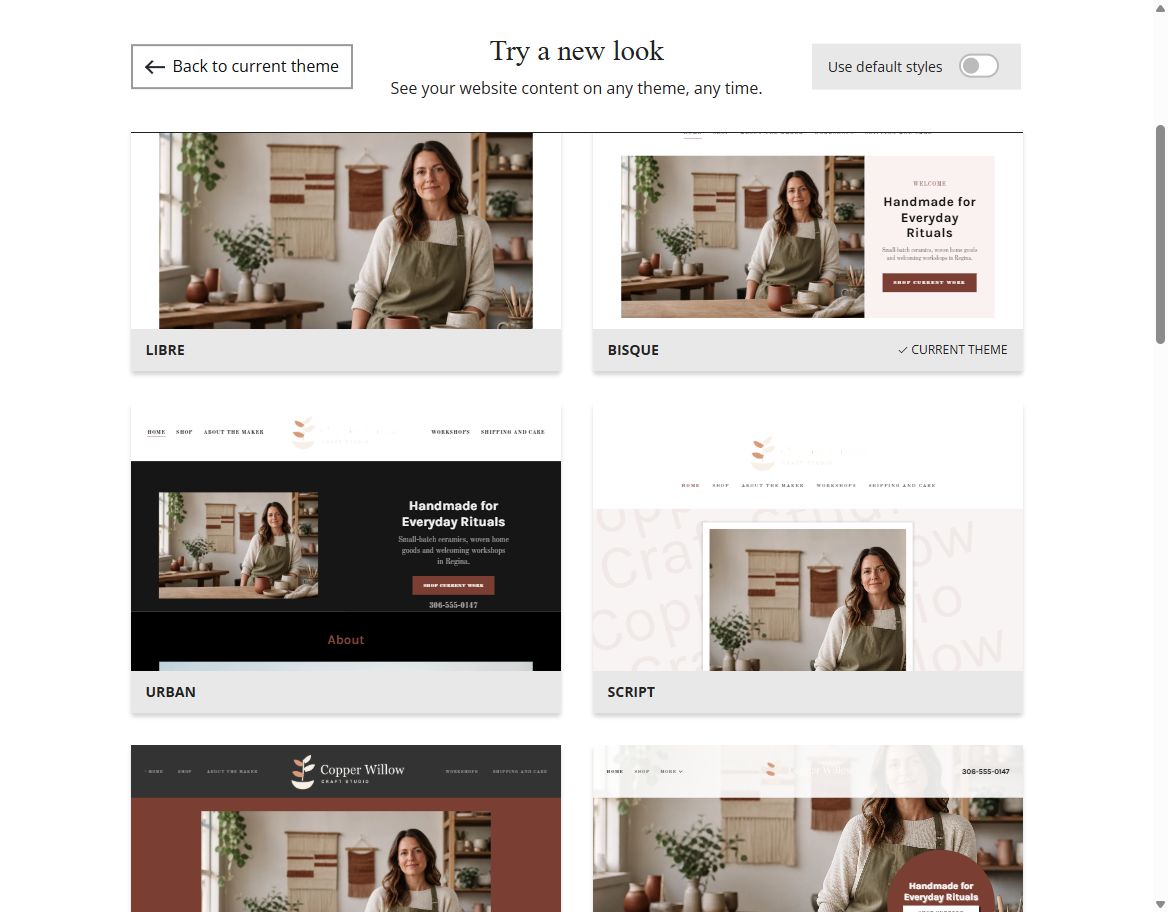 Copper Willow Craft Studio selected-colour Website Builder theme previews, set 3