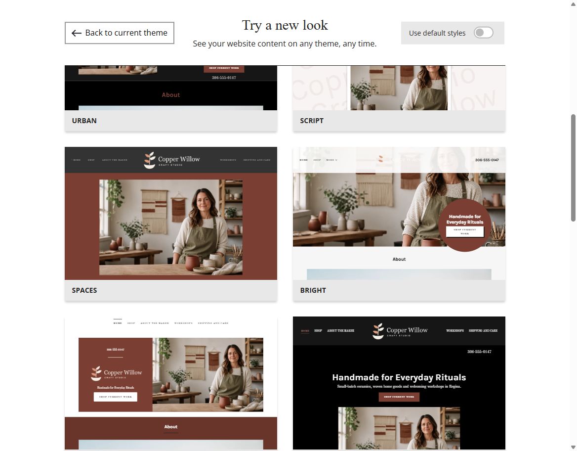 Copper Willow Craft Studio selected-colour Website Builder theme previews, set 4