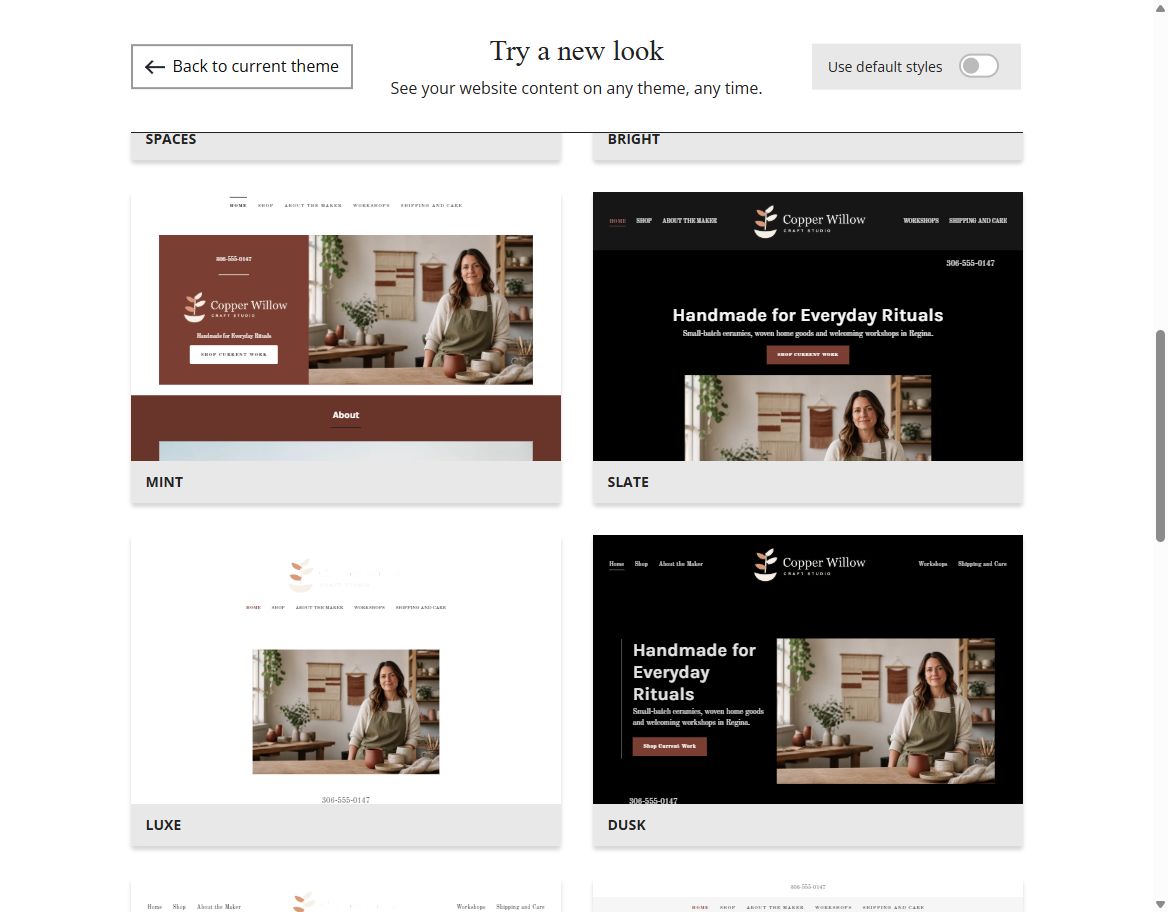Copper Willow Craft Studio selected-colour Website Builder theme previews, set 5