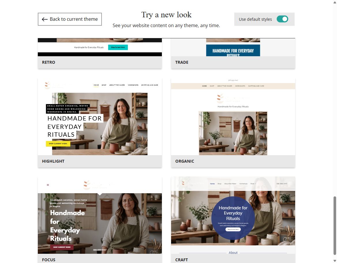Copper Willow Craft Studio default-style Website Builder theme previews, set 7