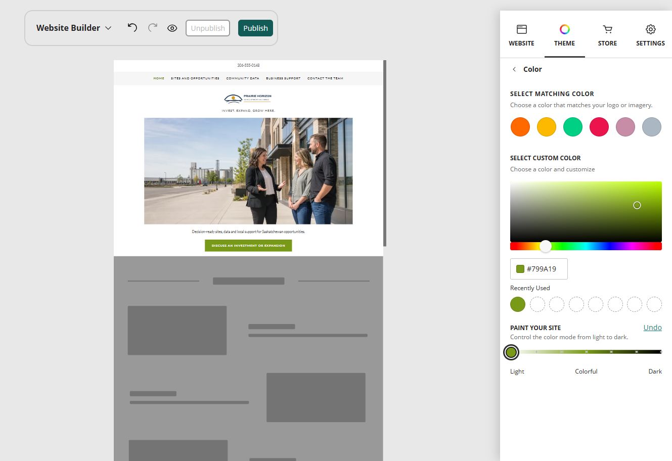 Website Builder colour controls for Prairie Horizon Development Alliance