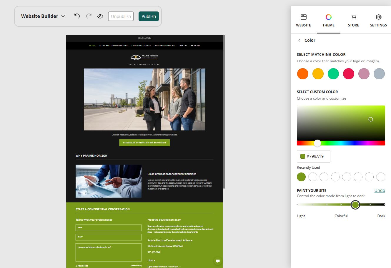 Prairie Horizon Development Alliance at Website Builder Paint slider position 5 of 7, colourful with a dark base