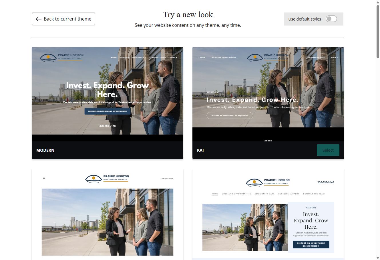 Selected-colour Website Builder theme previews for Prairie Horizon Development Alliance, group 1