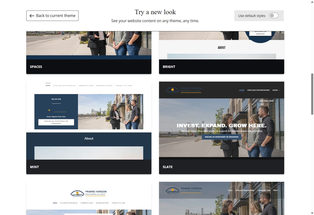 Selected-colour Website Builder theme previews for Prairie Horizon Development Alliance, group 3