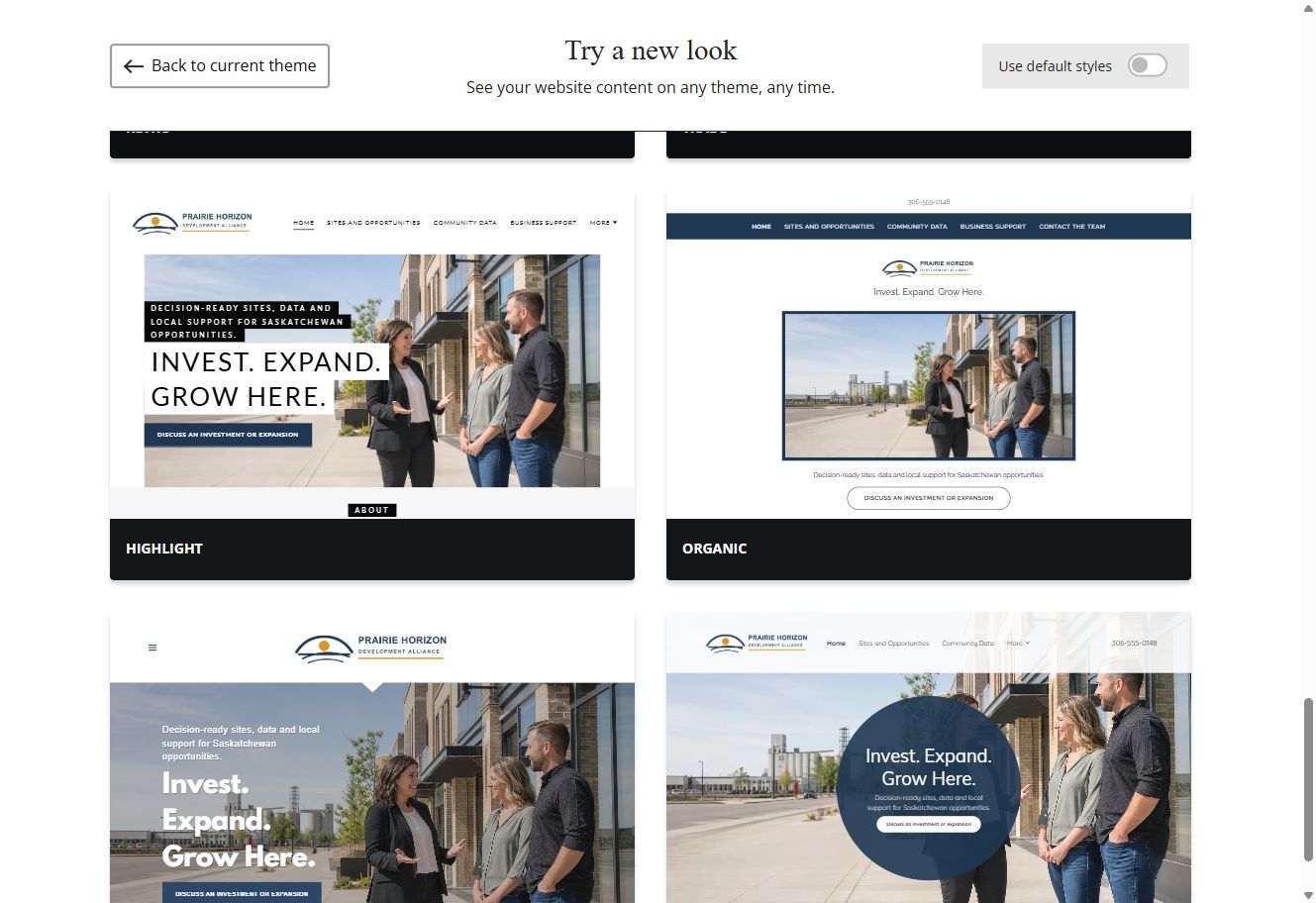 Selected-colour Website Builder theme previews for Prairie Horizon Development Alliance, group 6