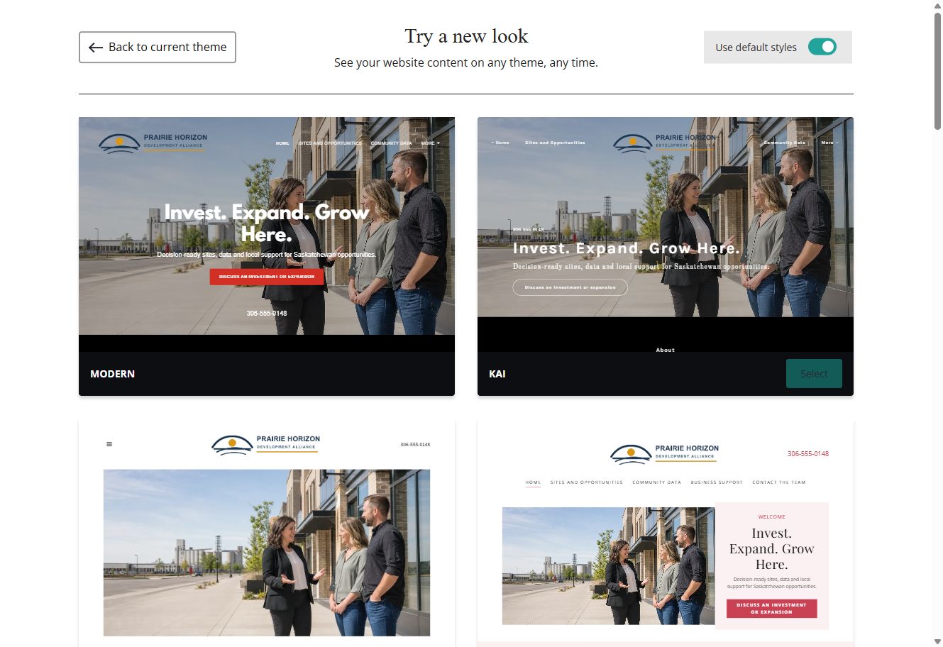 Default-style Website Builder theme previews for Prairie Horizon Development Alliance, group 1