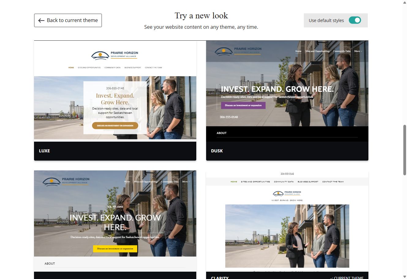 Default-style Website Builder theme previews for Prairie Horizon Development Alliance, group 4