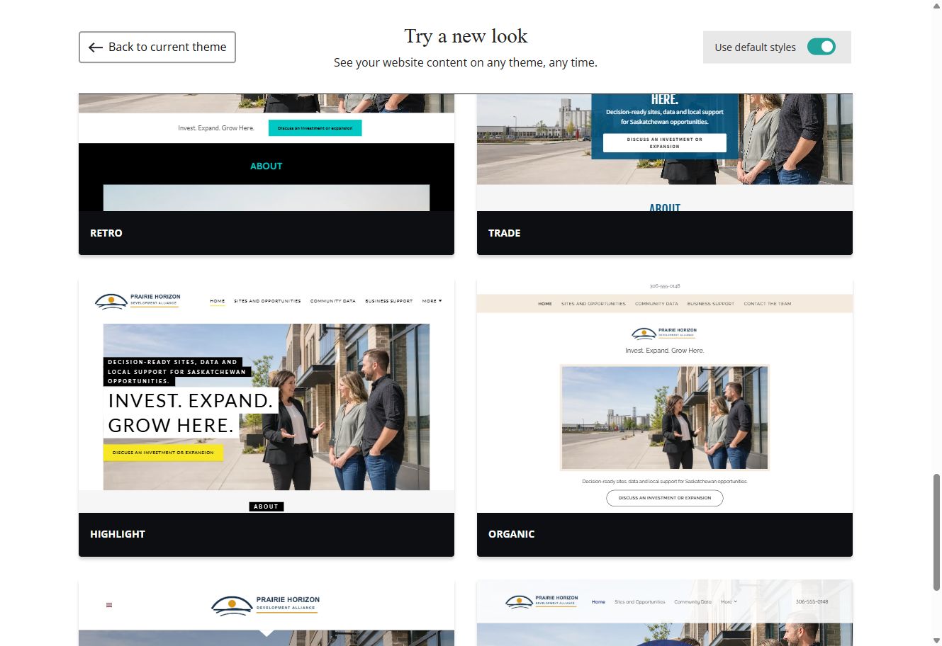 Default-style Website Builder theme previews for Prairie Horizon Development Alliance, group 6