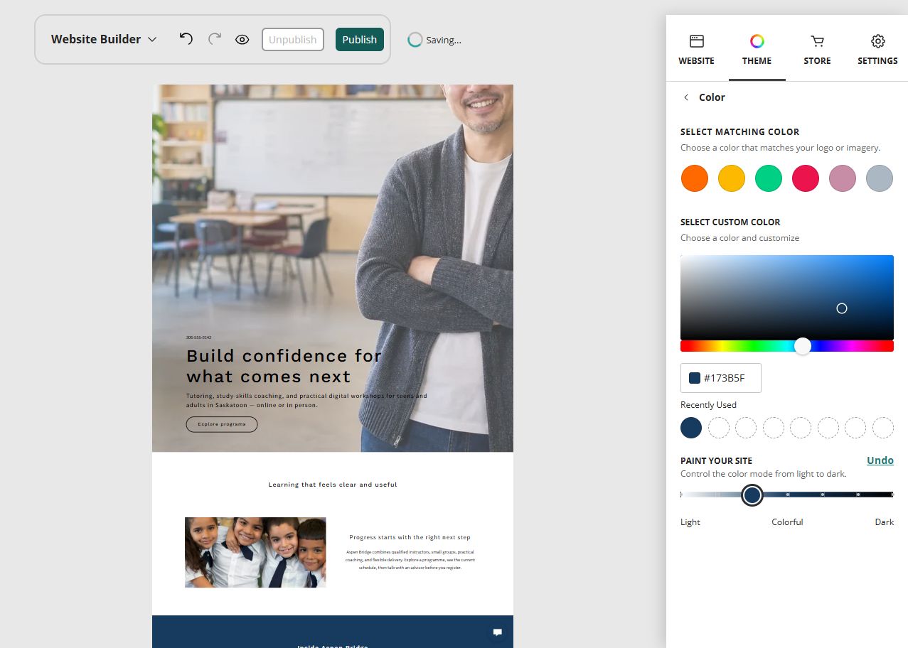 Aspen Bridge Learning Centre home page in the Website Builder soft colour paint setting