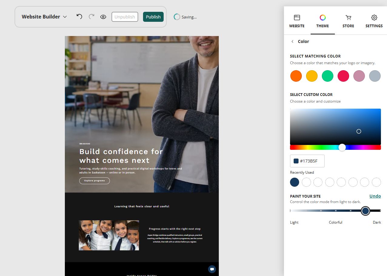 Aspen Bridge Learning Centre home page in the Website Builder deep colour paint setting