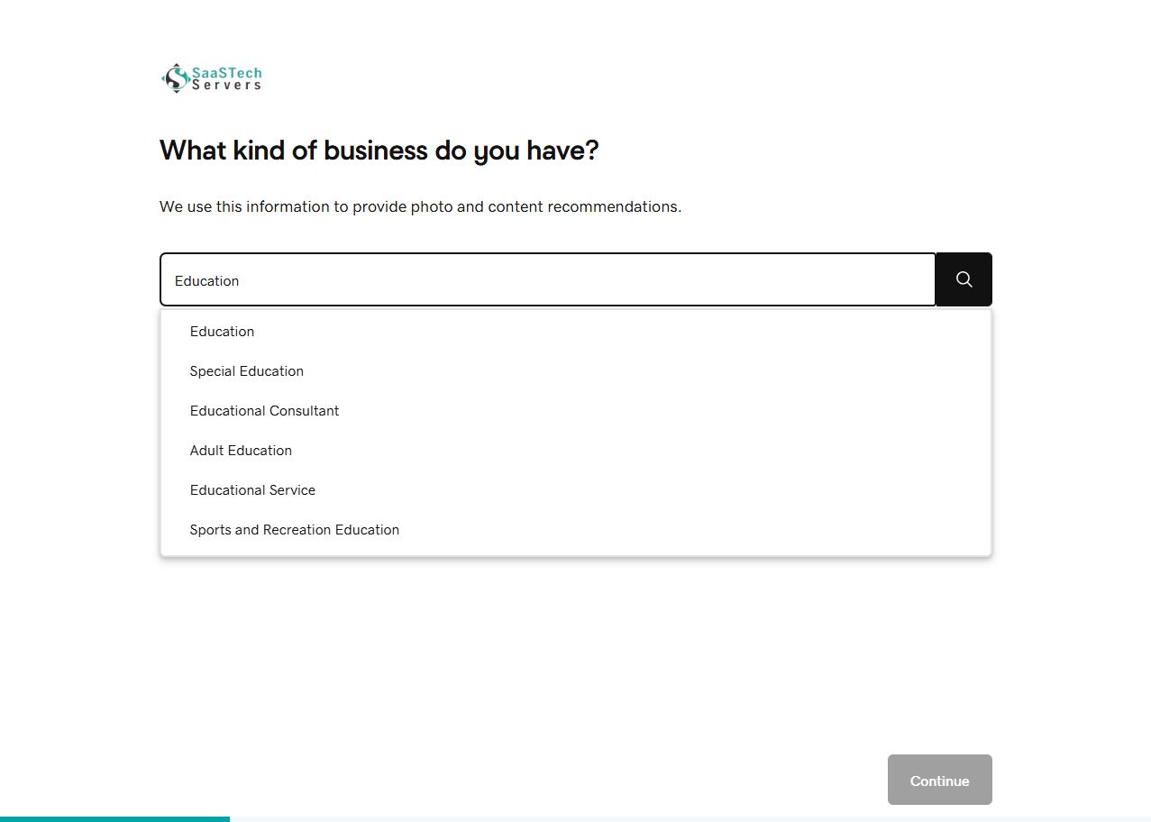 Website Builder setup showing education and training category suggestions