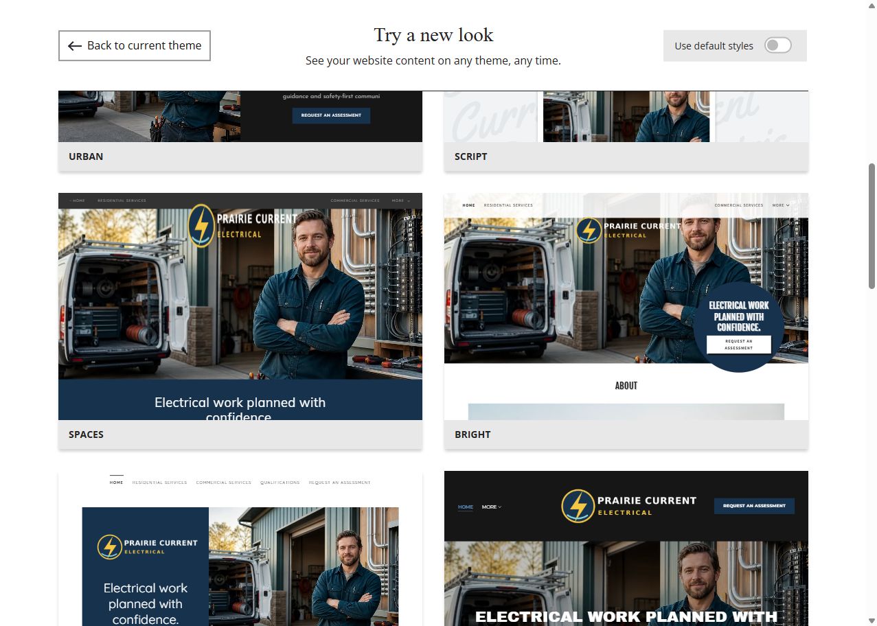 Urban, Script, Spaces and Bright Website Builder previews using Prairie Current Electrical's chosen navy colour