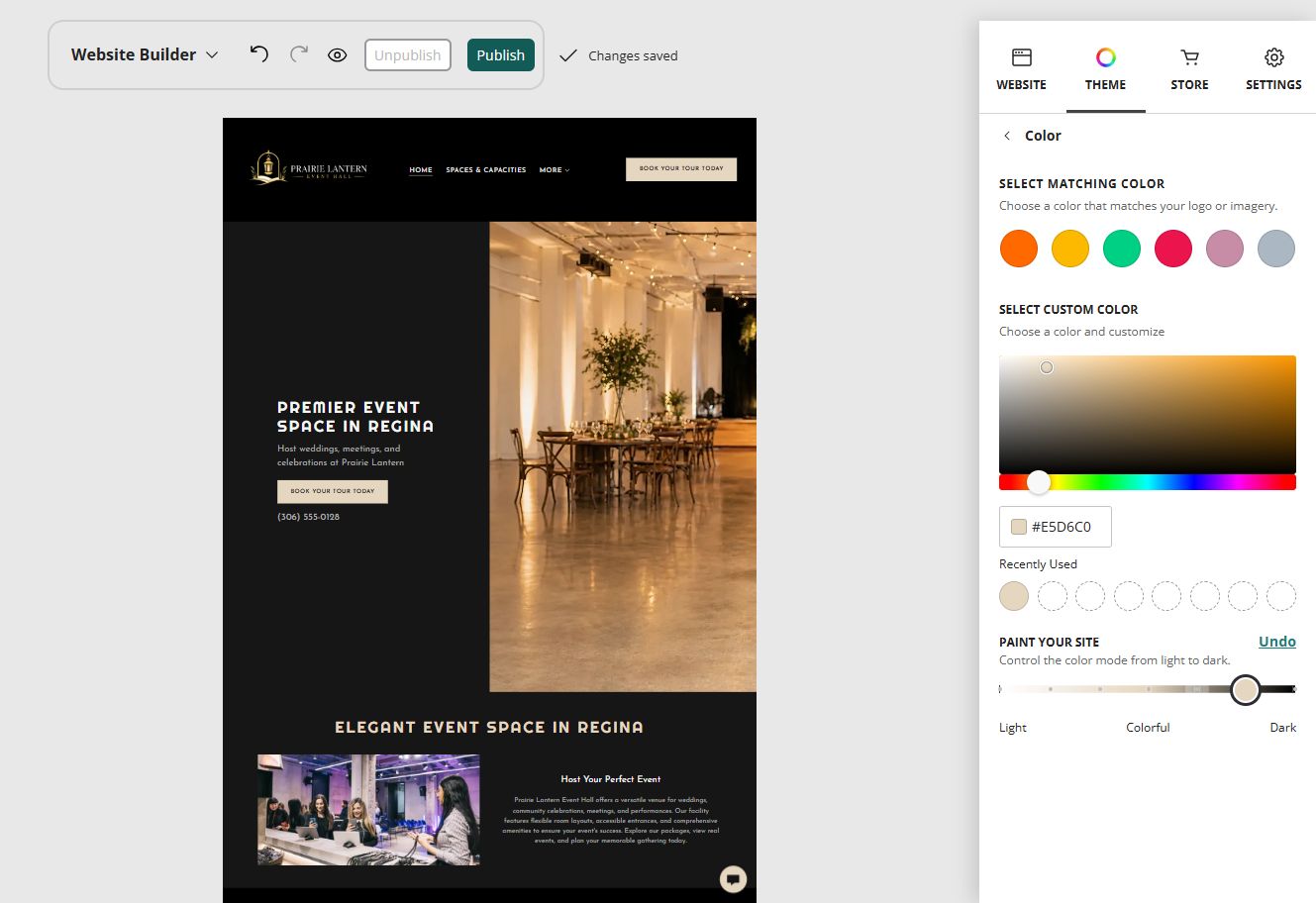 Prairie Lantern Event Hall in the Website Builder deep colour paint setting