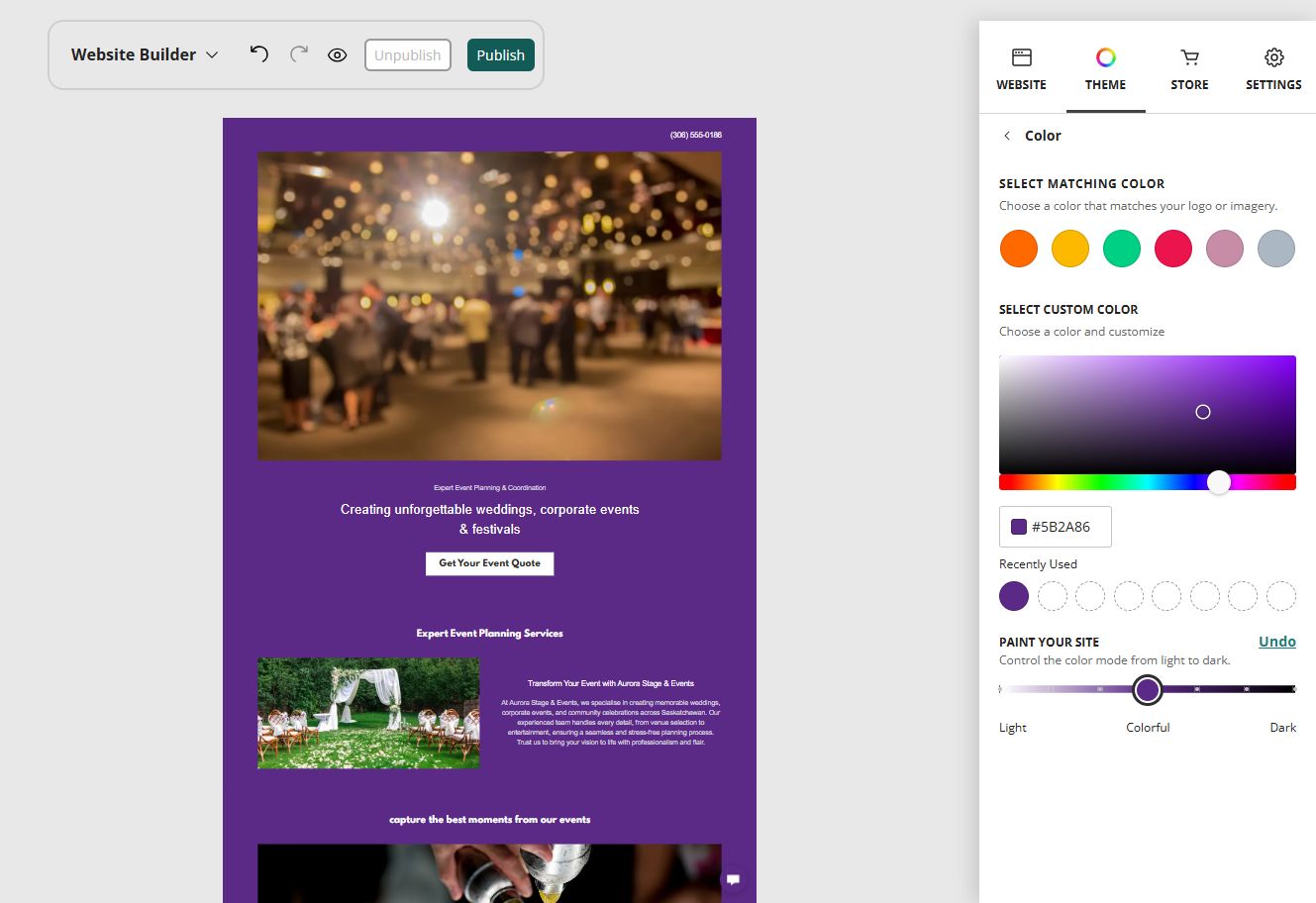 Website Builder colour controls for Aurora Stage and Events