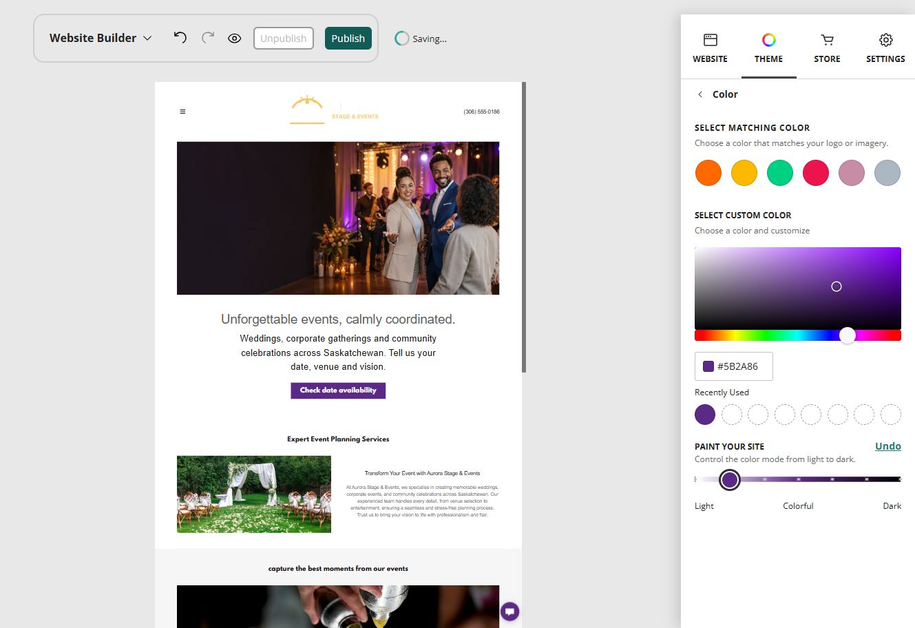 Aurora Stage and Events home page in the Website Builder light balanced paint setting