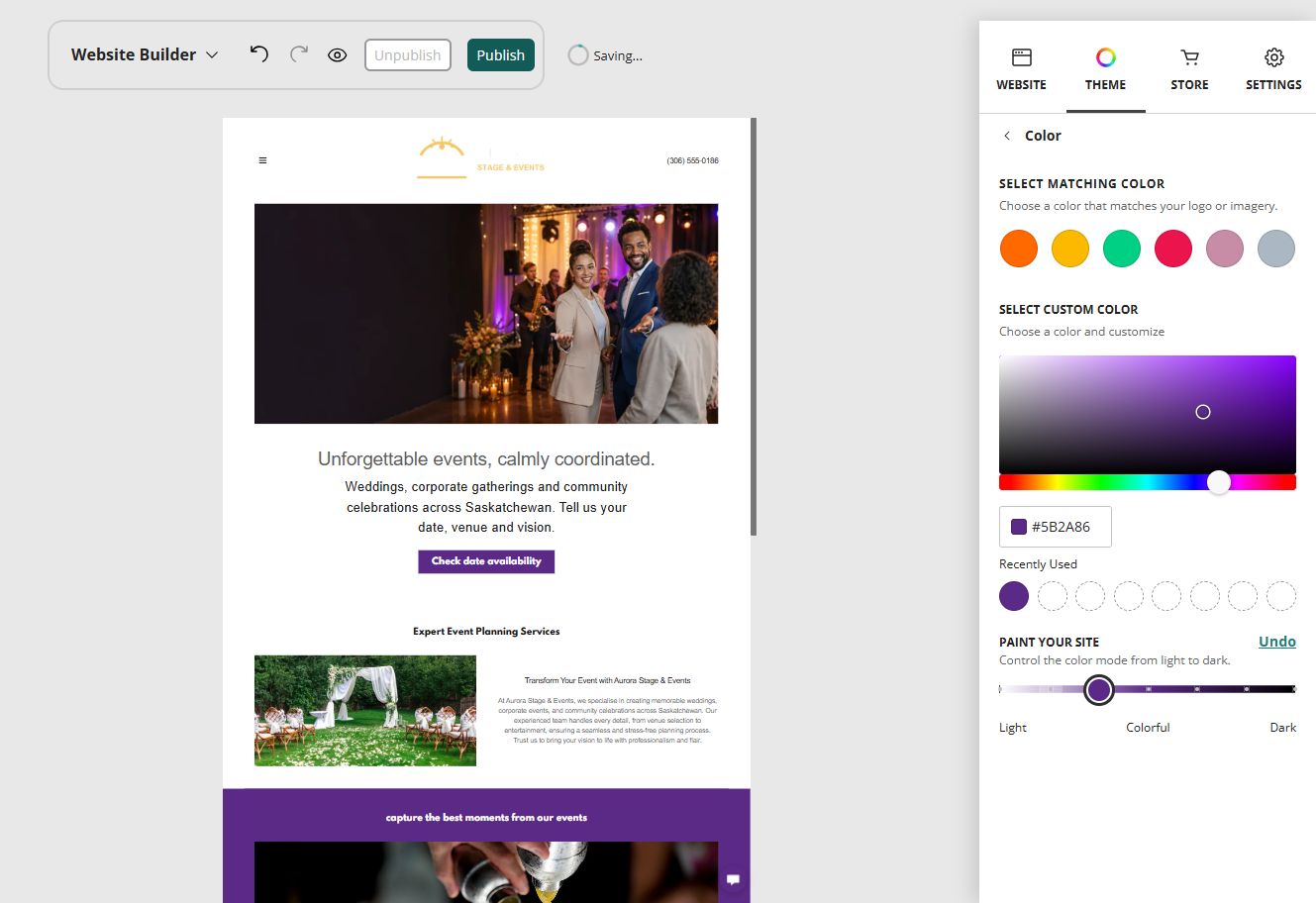 Aurora Stage and Events home page in the Website Builder soft colour paint setting
