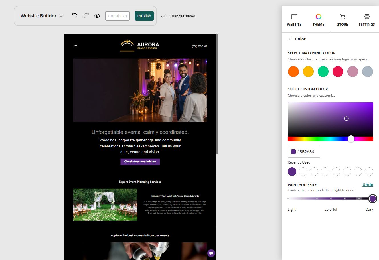 Aurora Stage and Events home page in the Website Builder darkest paint setting