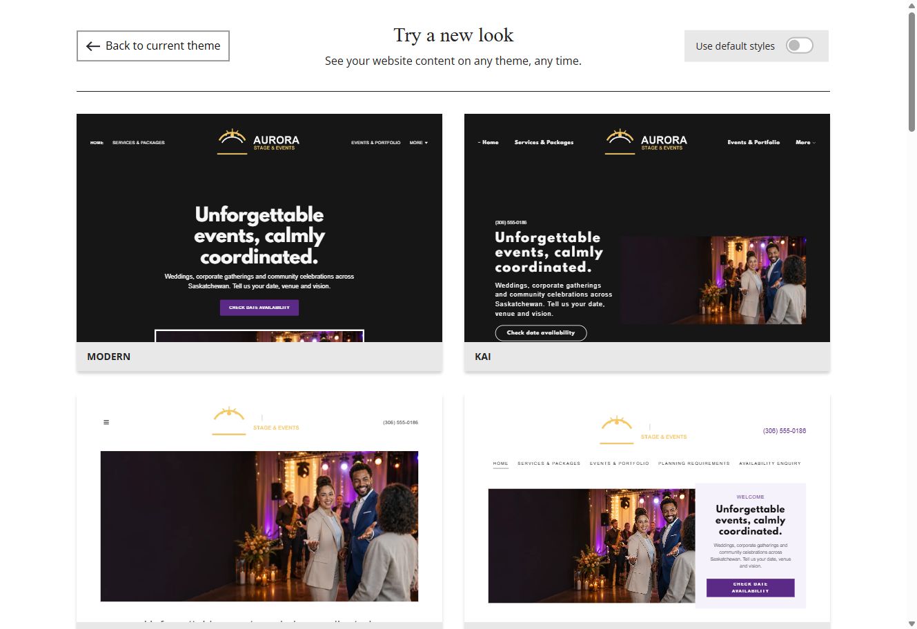 Website Builder theme previews for Aurora Stage and Events using its chosen colours, group 1