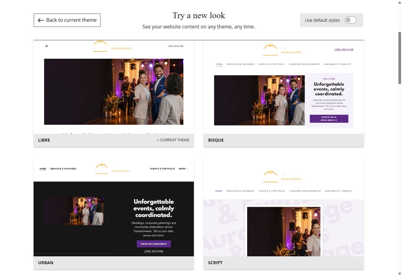 Website Builder theme previews for Aurora Stage and Events using its chosen colours, group 2