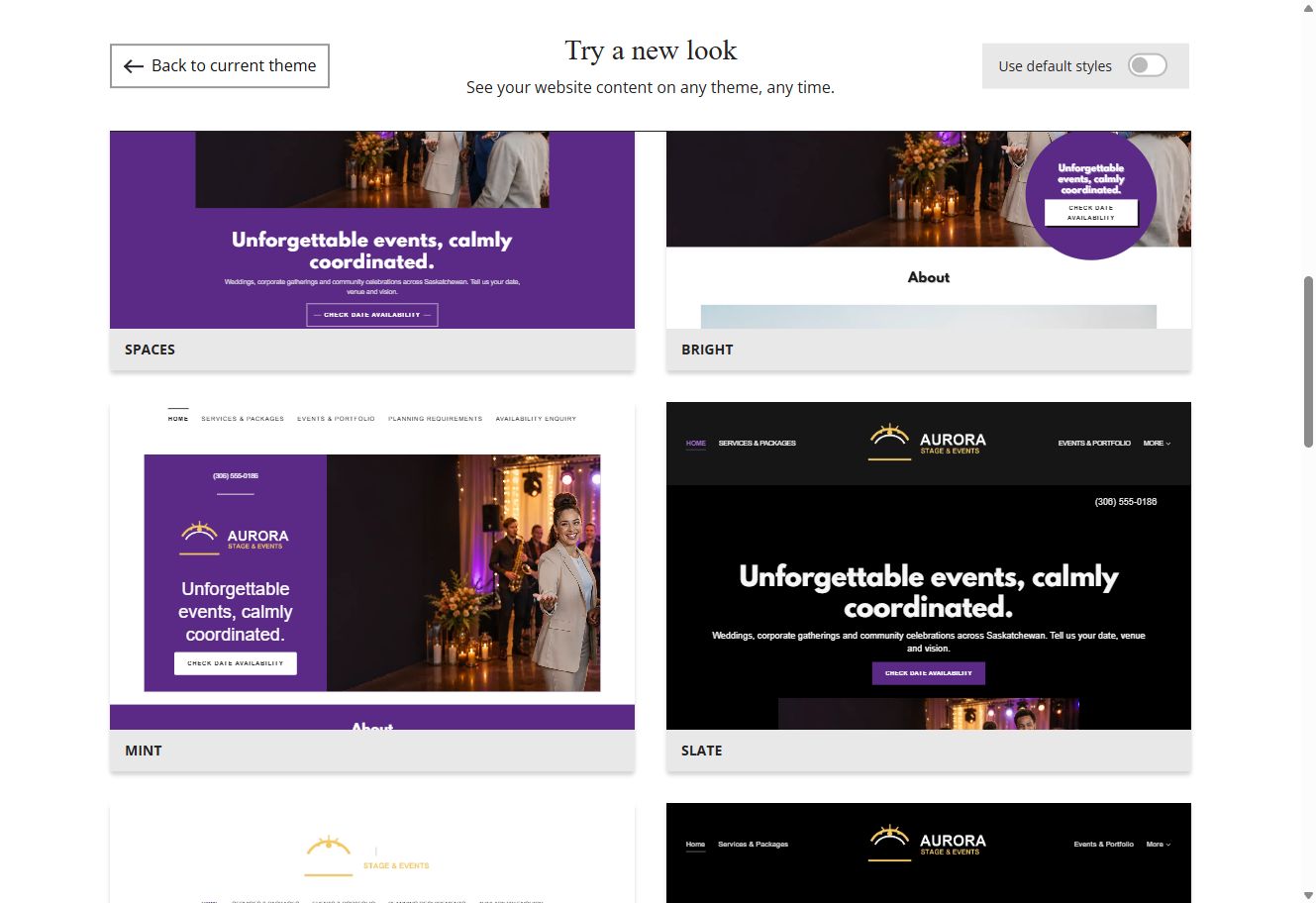 Website Builder theme previews for Aurora Stage and Events using its chosen colours, group 4