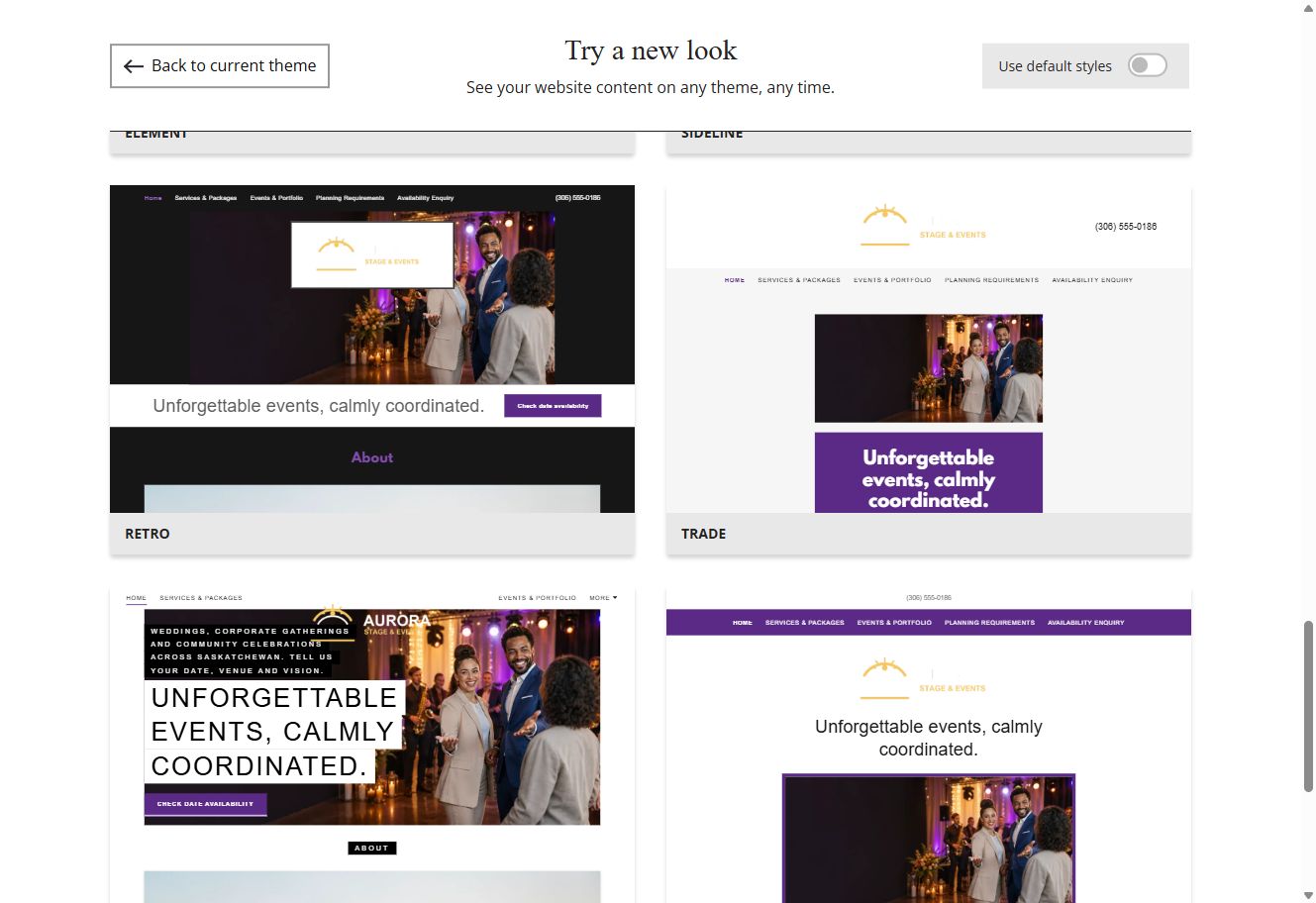 Website Builder theme previews for Aurora Stage and Events using its chosen colours, group 8