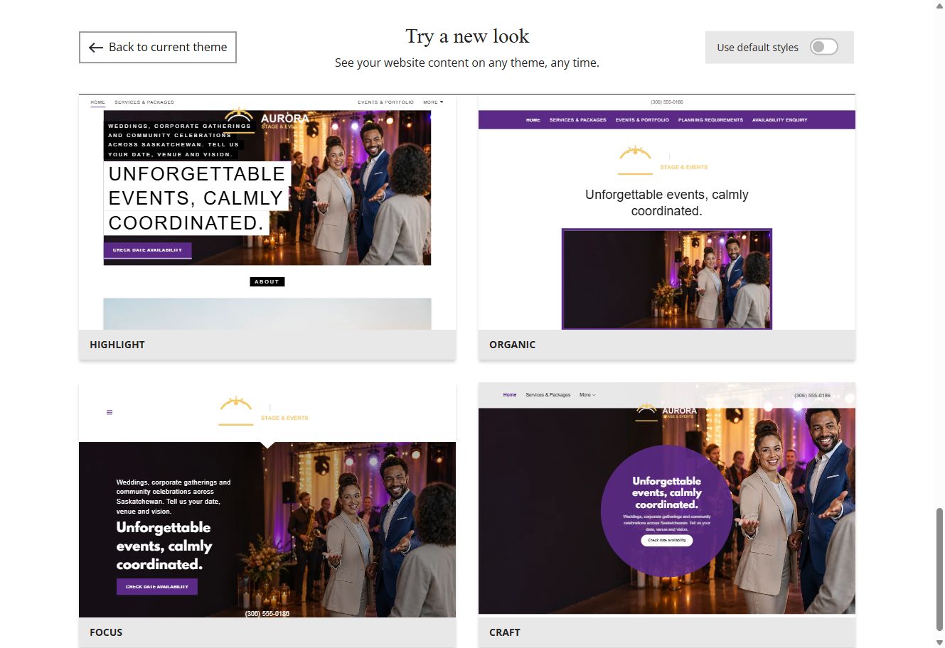 Website Builder theme previews for Aurora Stage and Events using its chosen colours, group 9