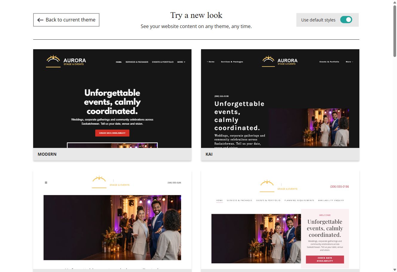 Website Builder theme previews for Aurora Stage and Events using default styles, group 1