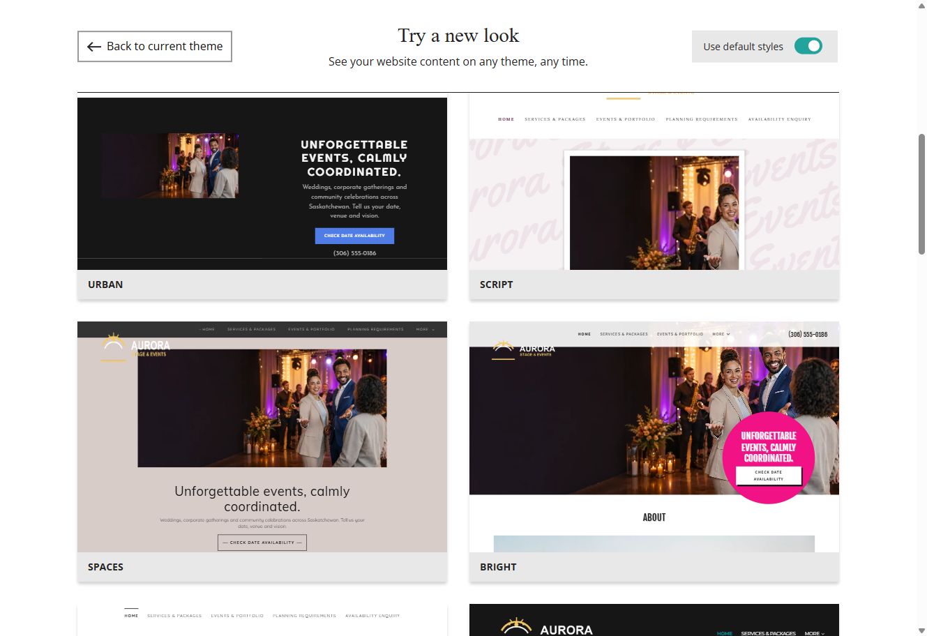 Website Builder theme previews for Aurora Stage and Events using default styles, group 3