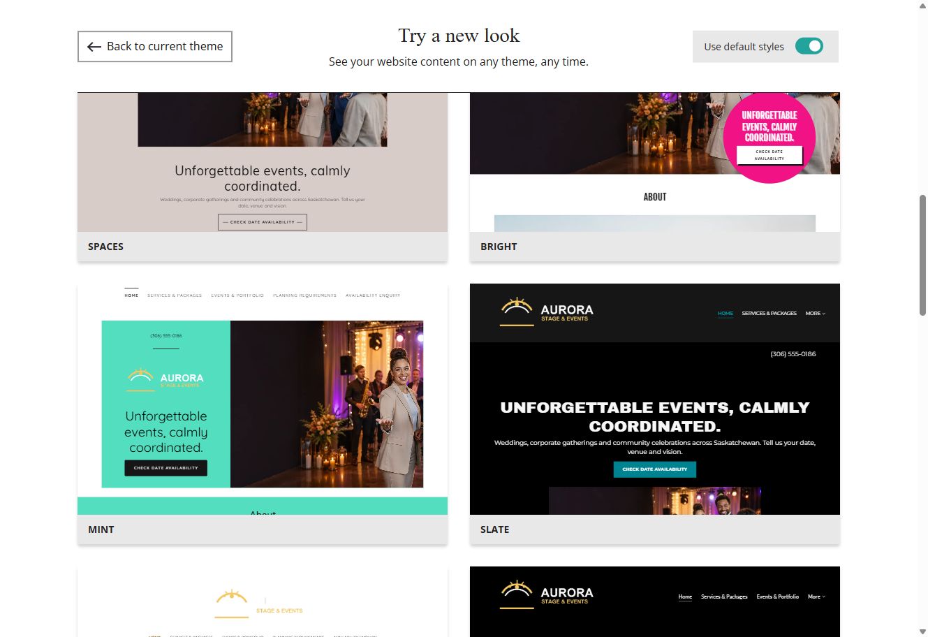 Website Builder theme previews for Aurora Stage and Events using default styles, group 4