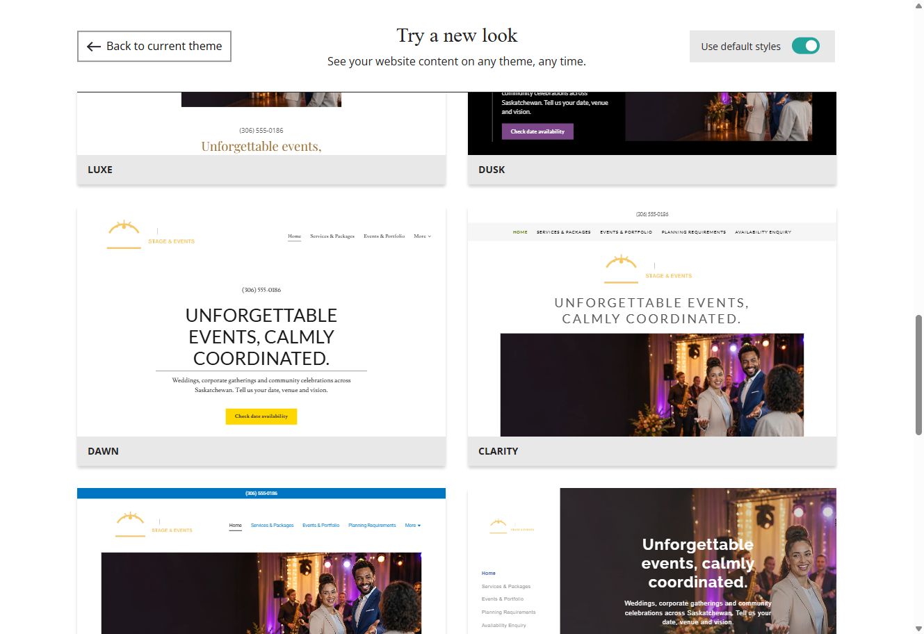 Website Builder theme previews for Aurora Stage and Events using default styles, group 6