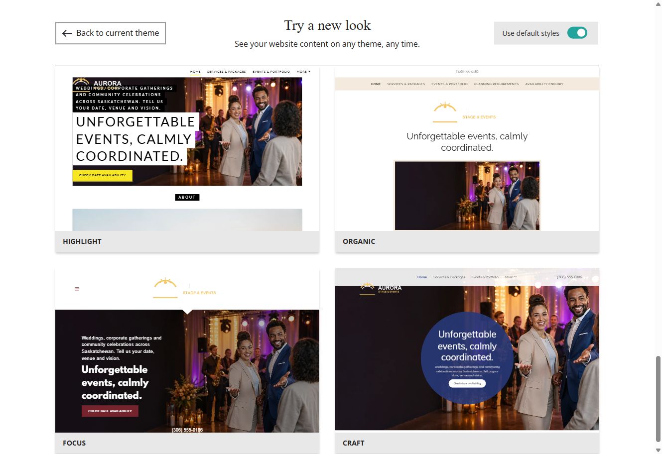 Website Builder theme previews for Aurora Stage and Events using default styles, group 9