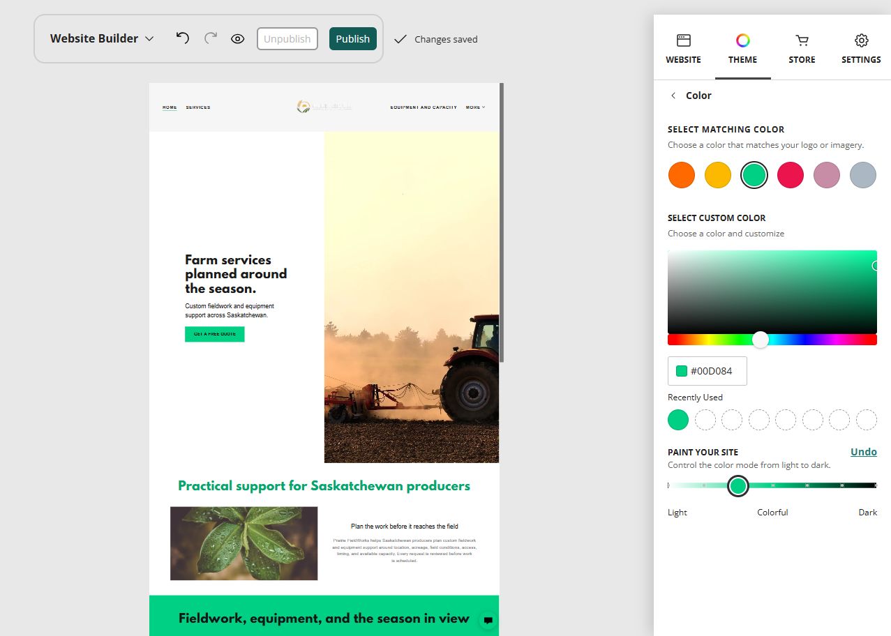 Prairie FieldWorks home page in the Website Builder soft colour paint setting
