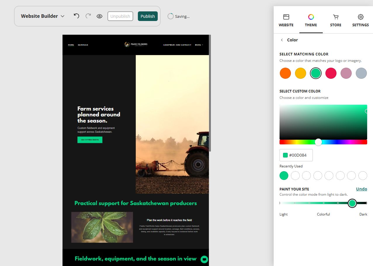 Prairie FieldWorks home page in the Website Builder deep colour paint setting