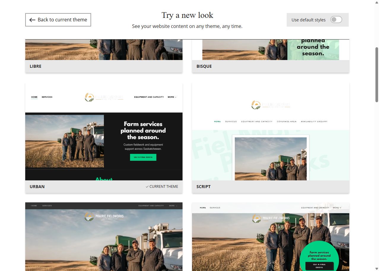 Website Builder theme previews for Prairie FieldWorks using its chosen colour, group 2