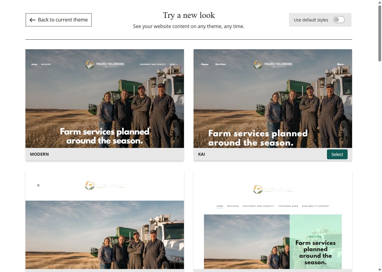 Website Builder theme previews for Prairie FieldWorks using its chosen colour, group 1