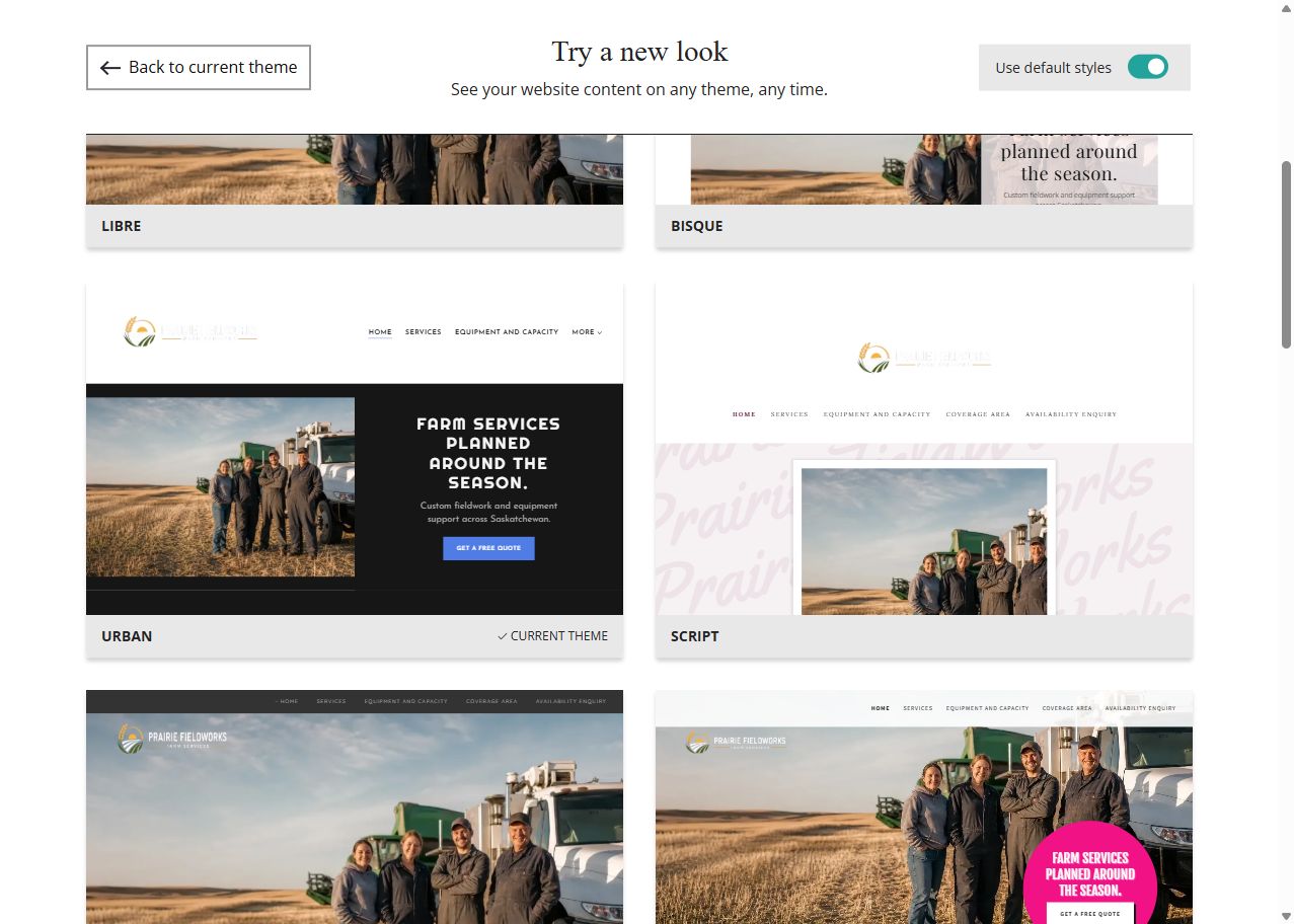 Website Builder theme previews for Prairie FieldWorks using default styles, group 2