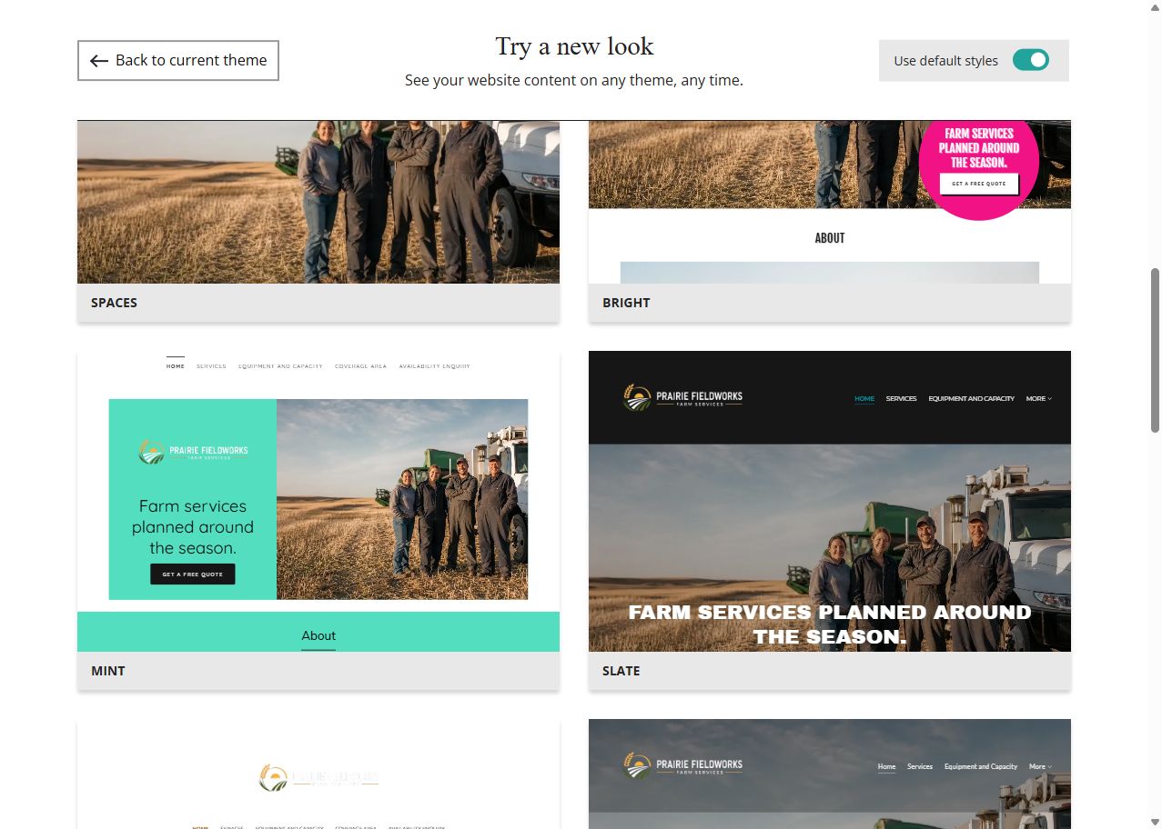 Website Builder theme previews for Prairie FieldWorks using default styles, group 3