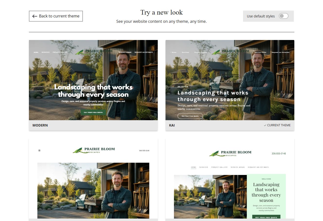 Website Builder selected-colour theme previews for Prairie Bloom Landscapes, group 1
