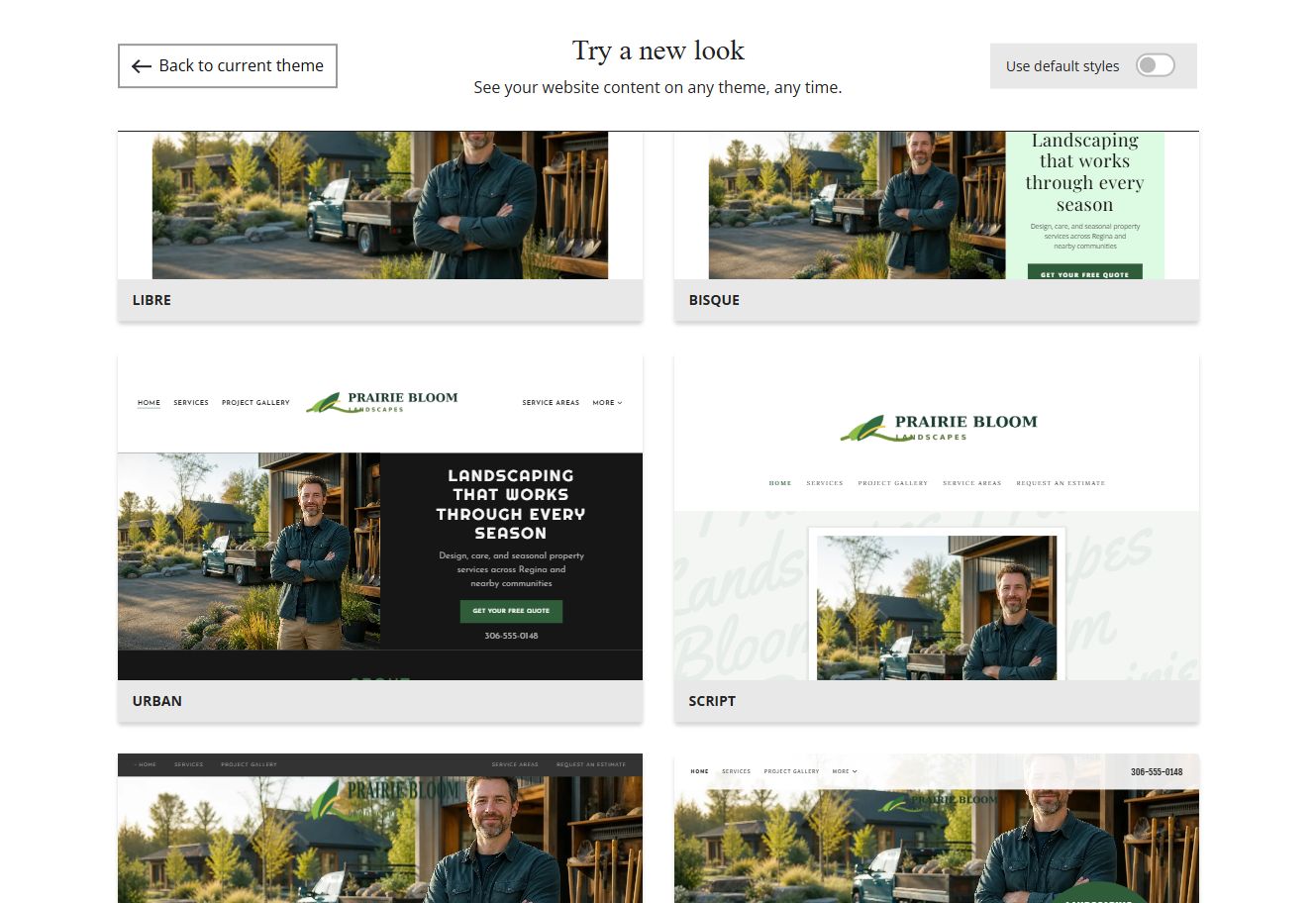 Website Builder selected-colour theme previews for Prairie Bloom Landscapes, group 2