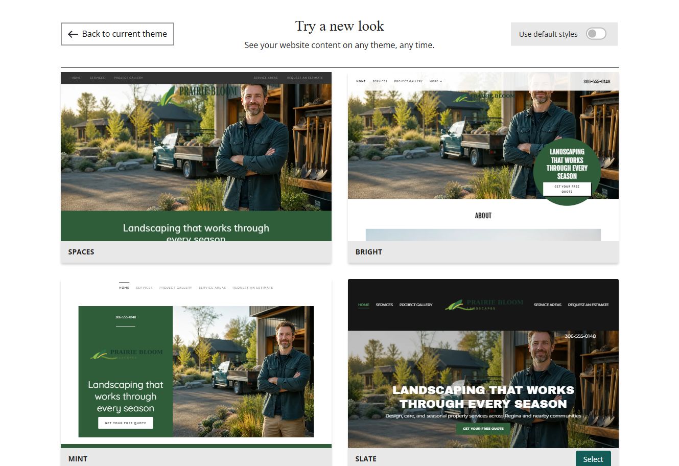 Website Builder selected-colour theme previews for Prairie Bloom Landscapes, group 3